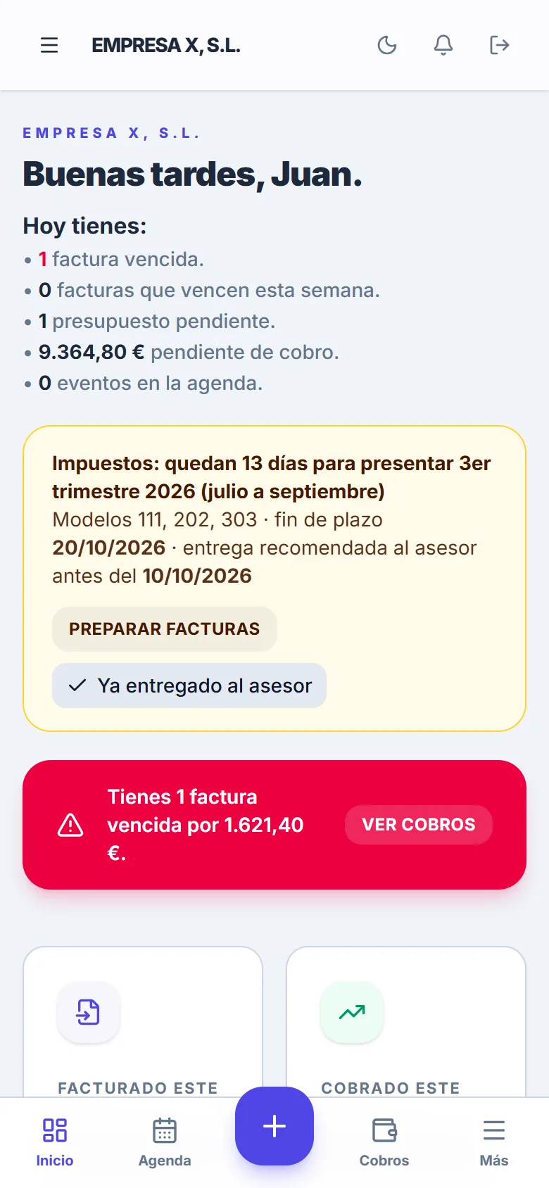 El mismo programa en el móvil: lo pendiente de hoy, cobros e impuestos