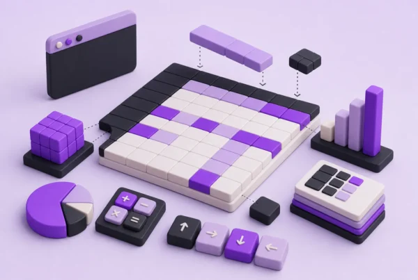 Ilustración isométrica de una hoja de cálculo modular creada con piezas, gráficos y fórmulas de Gemini