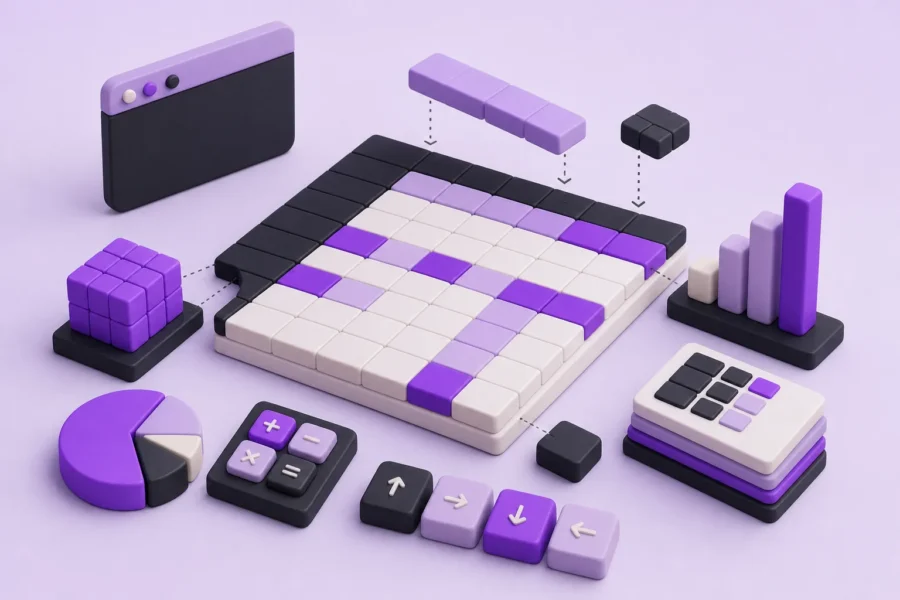 Ilustración isométrica de una hoja de cálculo modular creada con piezas, gráficos y fórmulas de Gemini