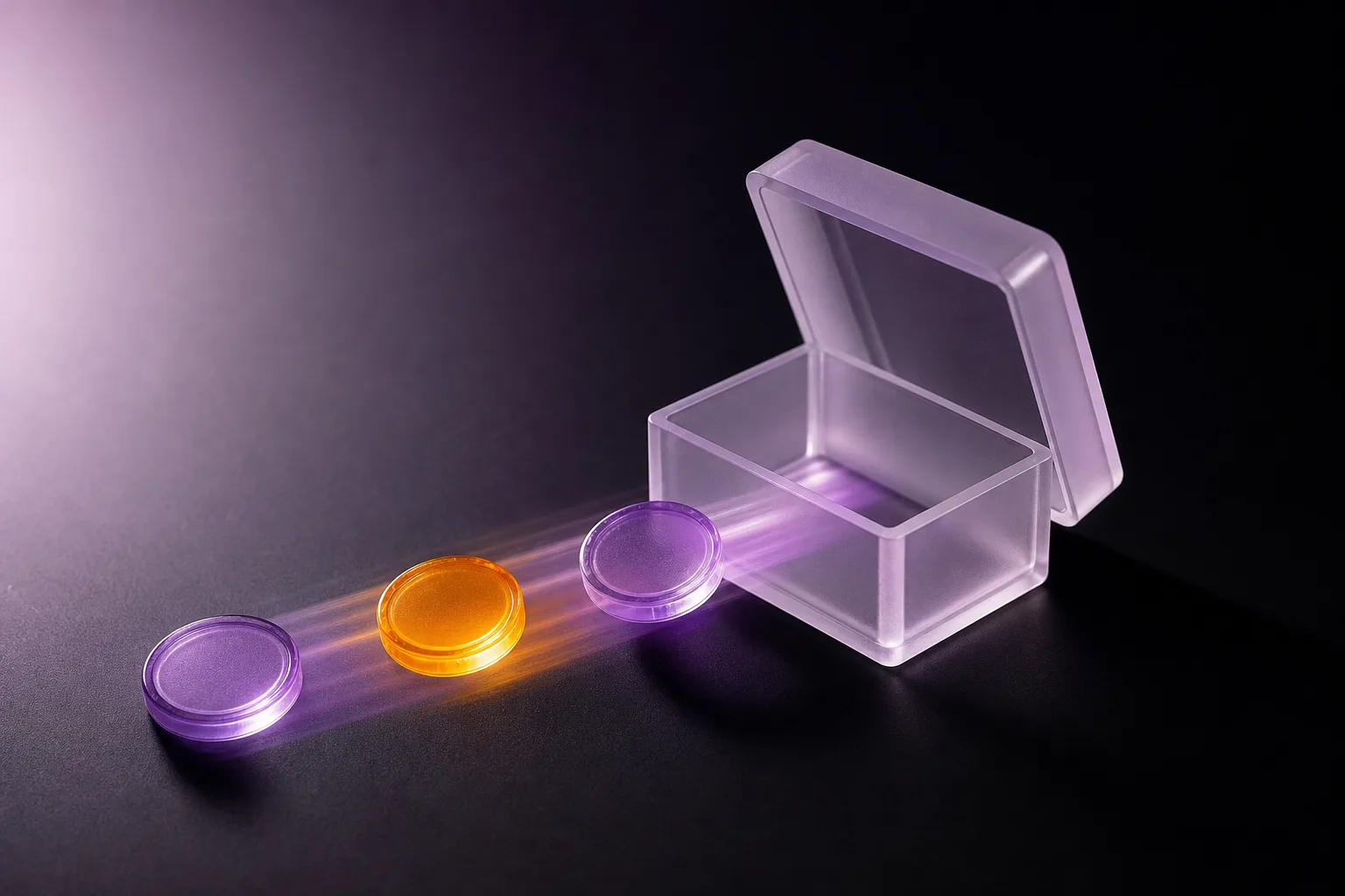 Detalle de fichas translúcidas entrando en una caja de cristal que simboliza el caché de tokens