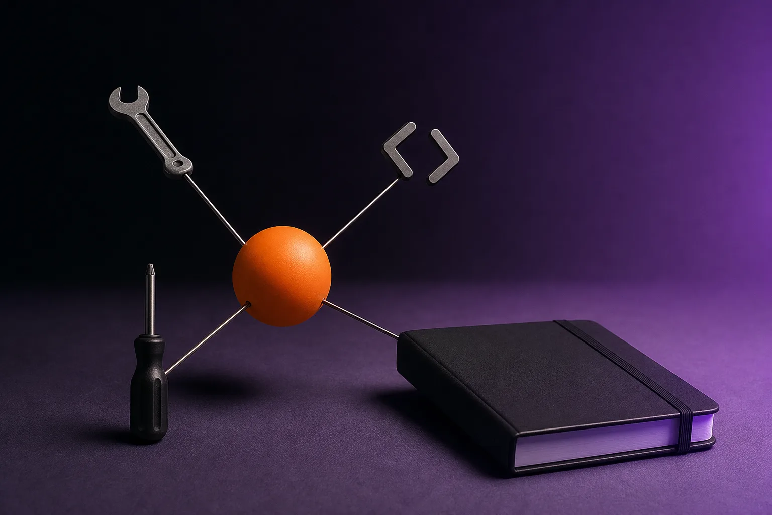 Bodegón con esfera naranja conectada a pequeñas herramientas para representar agentes en Codex