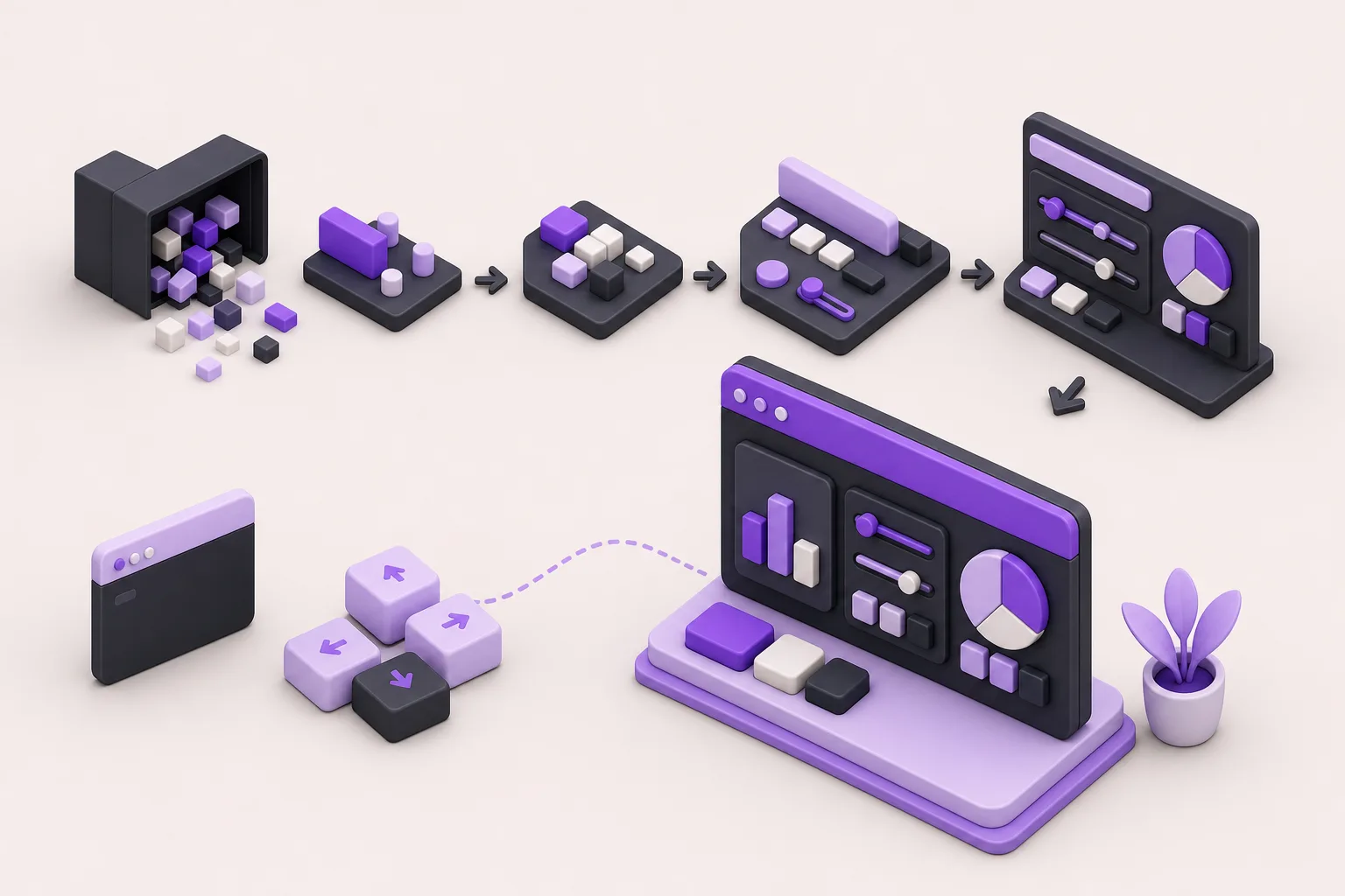 Ilustración isométrica de bloques de interfaz ensamblándose poco a poco para representar Intelligent UI