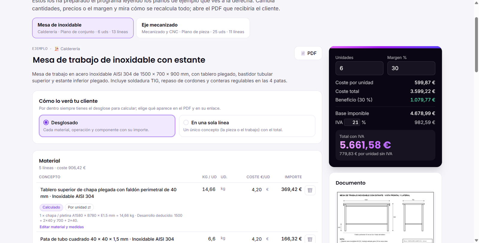 Presupuesto generado desde el plano de una mesa de inoxidable (ejemplo ficticio)