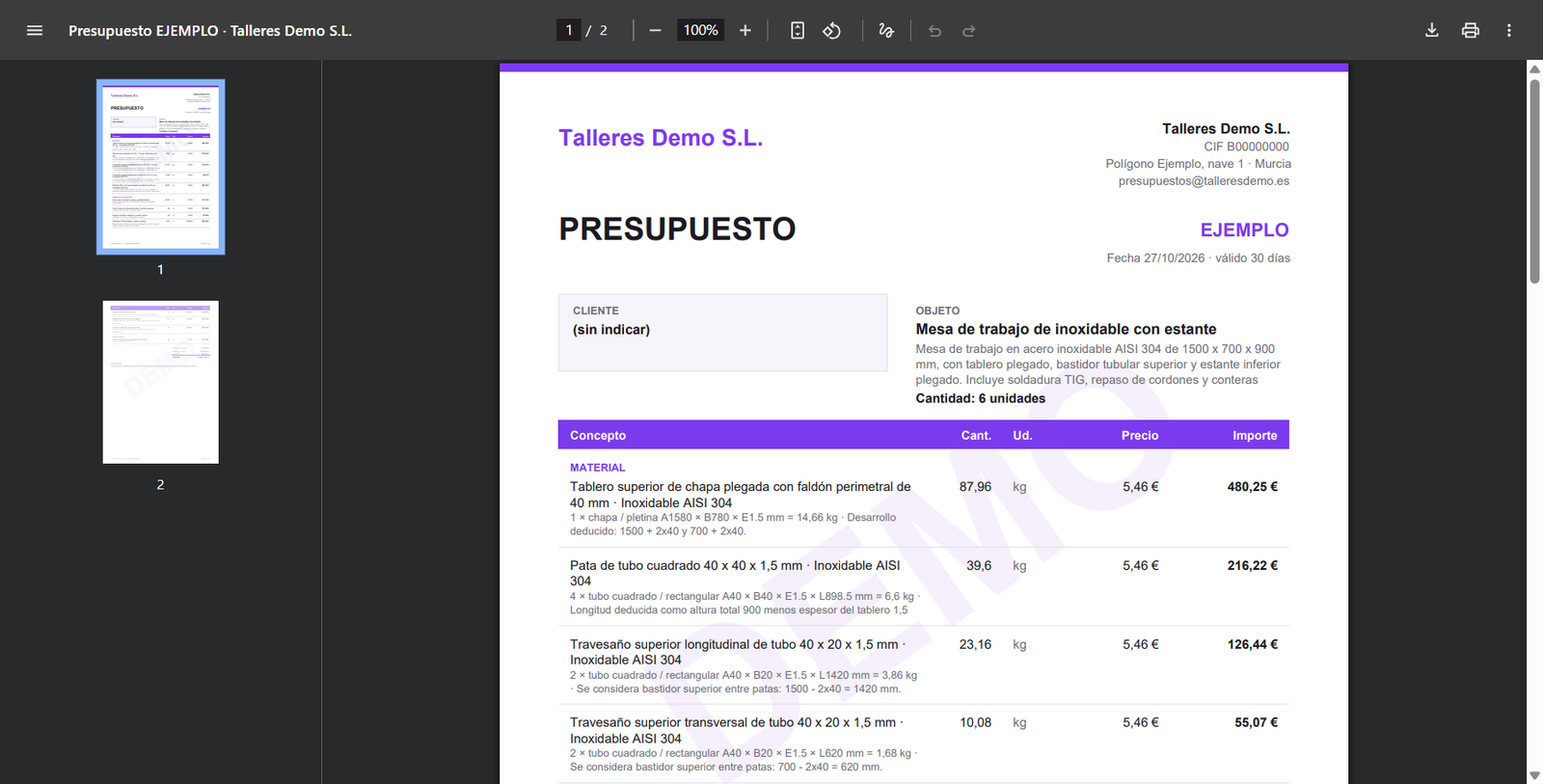 PDF del presupuesto con el logo de la empresa (ejemplo ficticio)