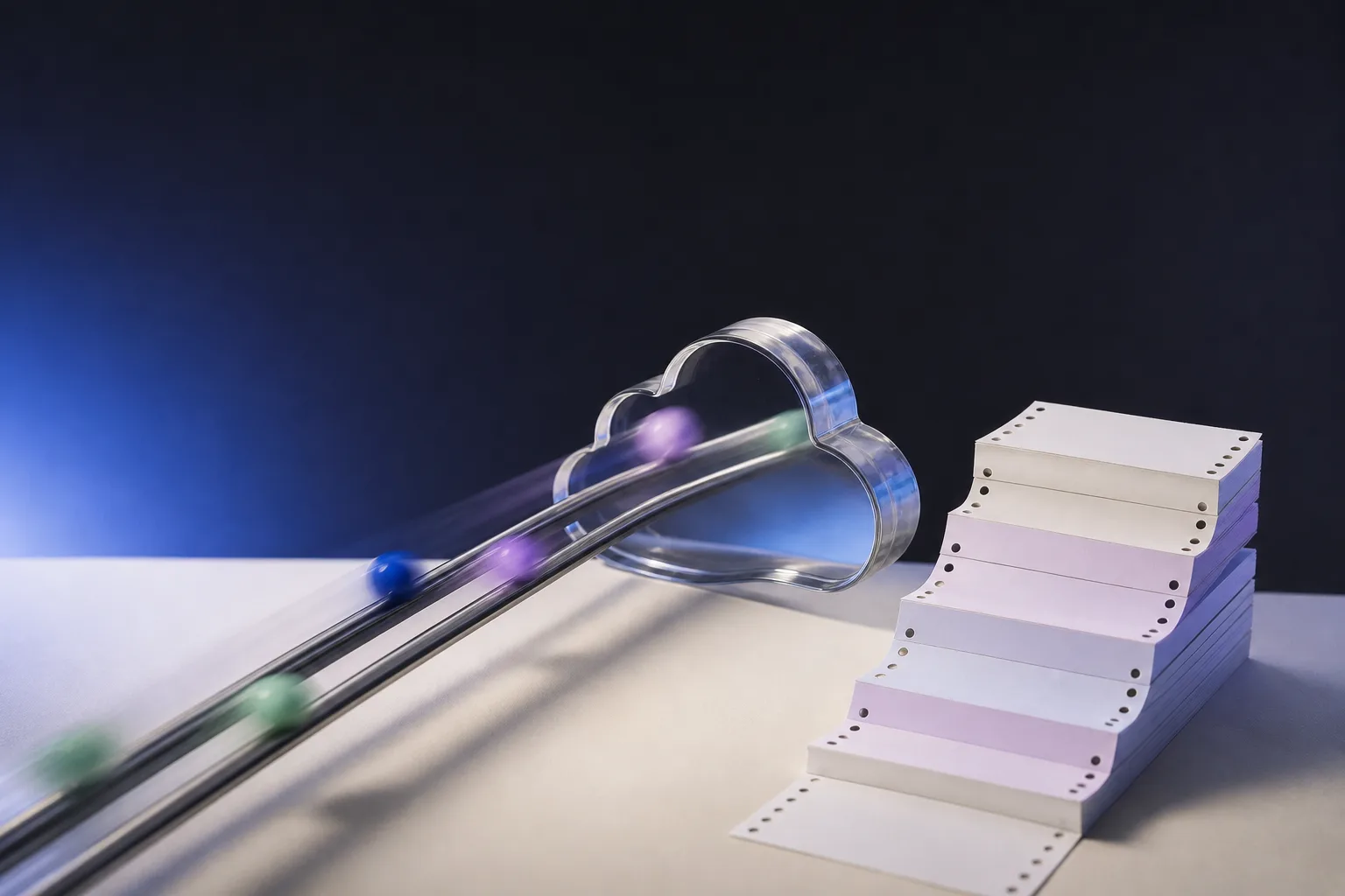 Composición con raíles, nube de cristal y tiras de papel sin texto que evocan Codex en la nube