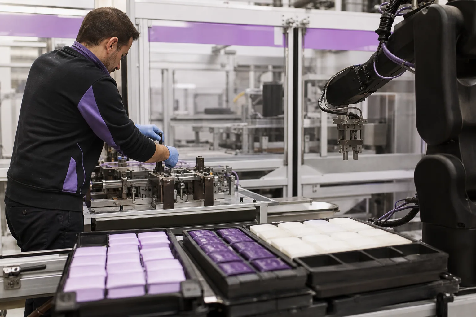 Operario ajustando una línea con robot industrial durante un cambio de formato en una fábrica española