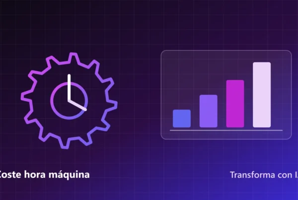 Engranaje con reloj y gráfico de barras sobre fondo morado que representa el coste hora máquina