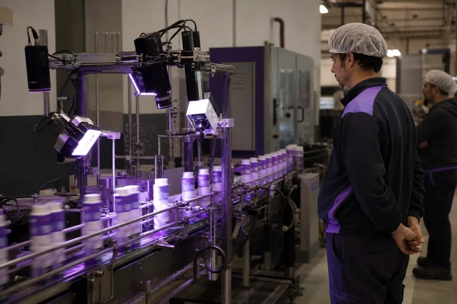 Fotografía documental de una línea de envasado con cámaras industriales para inspección visual con IA